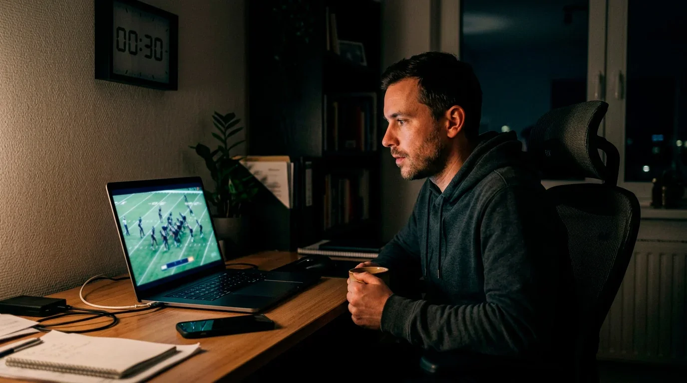 Person in a dimly lit room late at night watching an NFL game on a TV screen with a smartphone showing live in-play betting markets