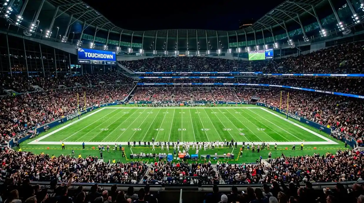 Tottenham Hotspur Stadium with NFL field markings visible on the retractable natural grass pitch, filled with 62,000 spectators
