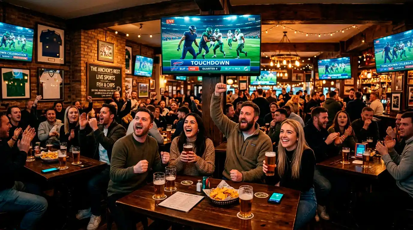 NFL fans watching American football at a UK sports bar — the sport attracted around 6 million followers in Britain by 2025