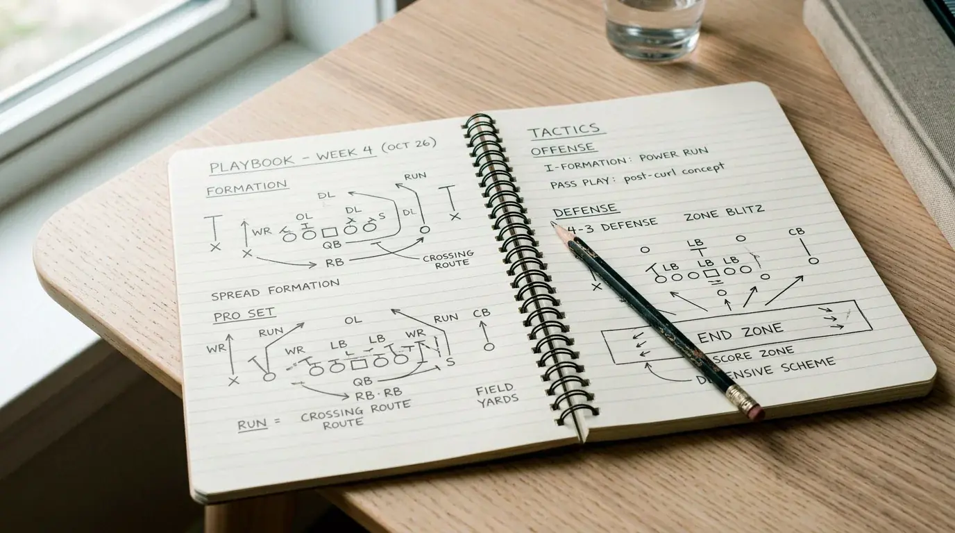 Open notebook with American football betting terminology written alongside NFL statistical diagrams, UK punter glossary