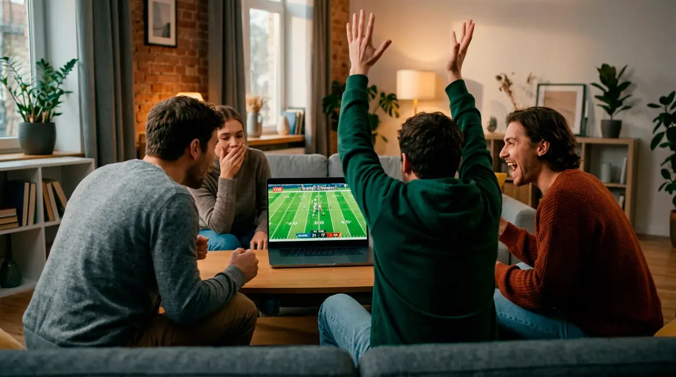 Young adults watching NFL on a laptop together, younger UK fan audience for American football